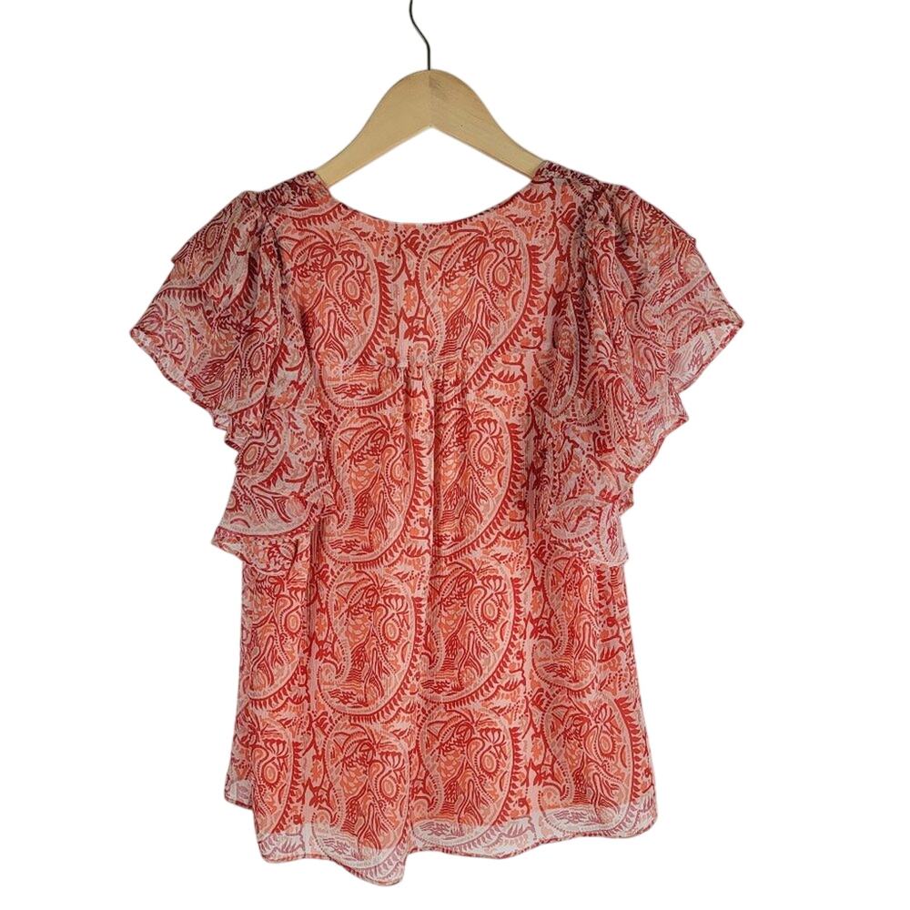 NEW Ramy Brook Paisley Printed Flutter Sleeve Silk Blouse V-neck Bright Red xs - Picture 5 of 6